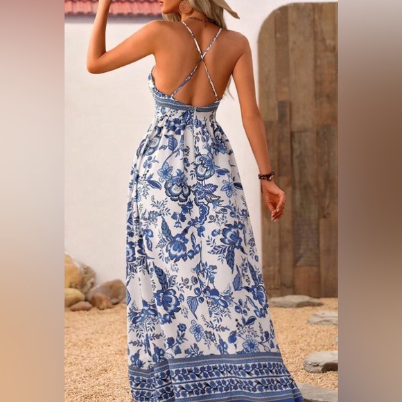 Criss cross boho gypsy floral maxi dress v neck backless orange white - Picture 3 of 7